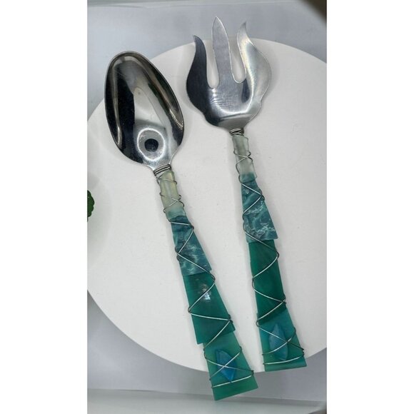 Handcrafted Stainless Steel Salad Server Set With Unique Glass Wrapped Handles - Picture 5 of 13